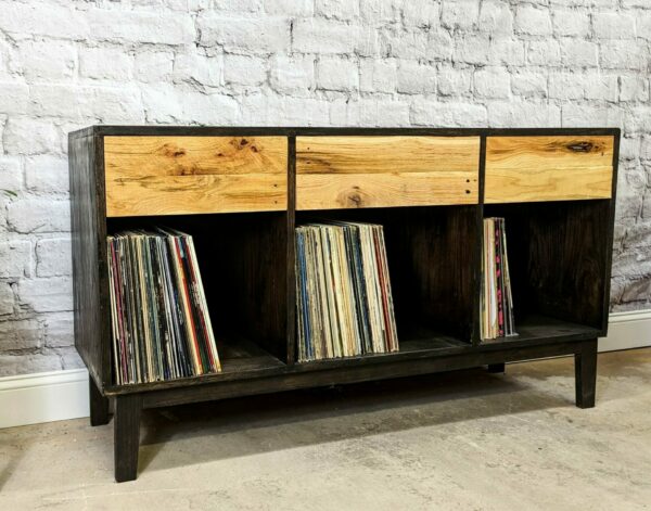 Fullerton Cabinet: Black record stand with natural drawer fronts and vinyl storage
