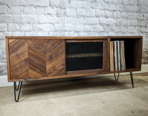 olid walnut record cabinet with chevron door and black mesh speaker panel