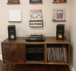 walnut record cabinet with doors